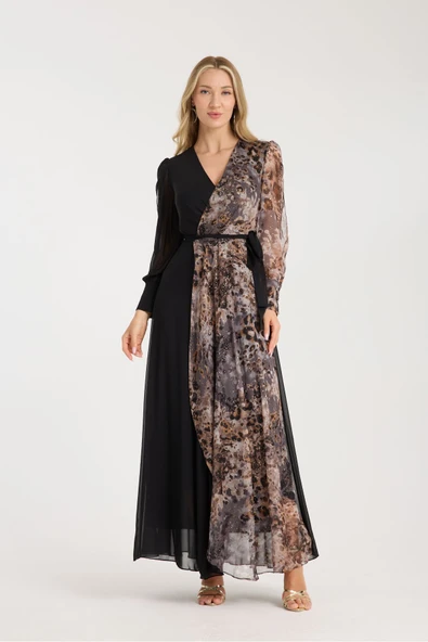 SİYAH LEOPAR DESENLİ VARAK BASKILI ŞİFON ELBİSE İÇİ ASTARLI - Resim 6