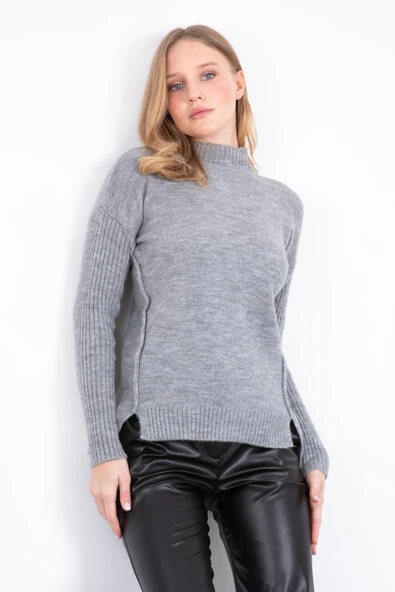 GRİ RENK YARIM BALIKÇI YANDAN DİKİŞLİ DUBLE KOL KAZAK - Resim 2