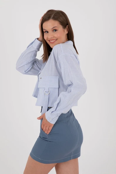 İNDİGO MAVİ PAMUKLU MİNİ ETEK - Resim 5