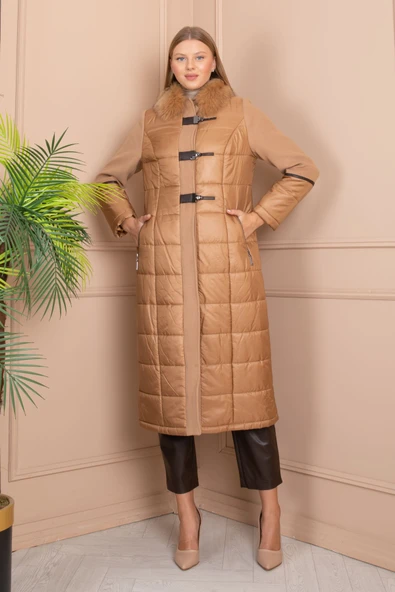 TABA POFUDUK VE KAŞE KÜRK YAKALI UZUN GİZLİ DÜĞMELİ MANTO