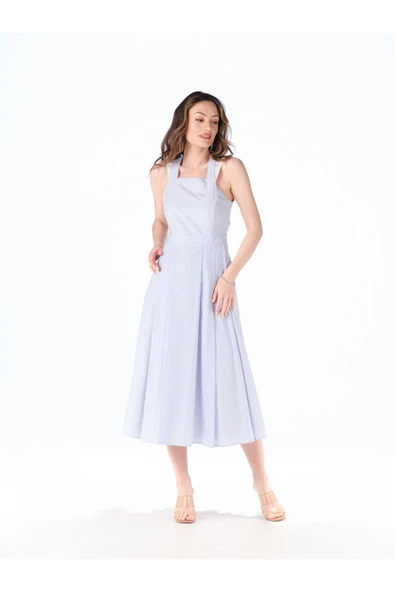 MAVİ BEYAZ ÇİZGİLİ ÇAPRAZ ASKILI ELBİSE - Resim 4