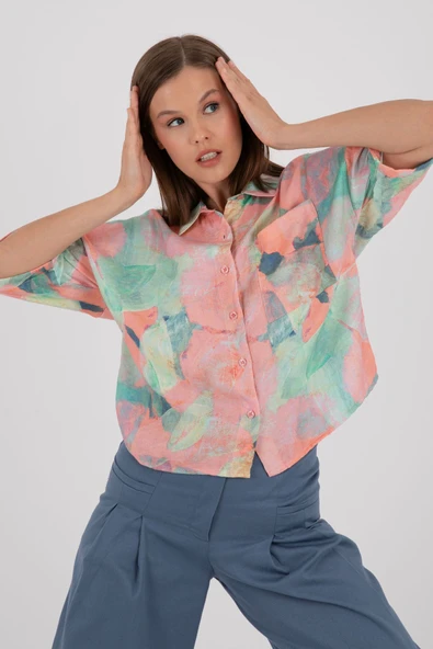 FIRÇA DESEN ÇOK RENKLİ PAMUKLU FLOŞ GÖMLEK ürün görseli