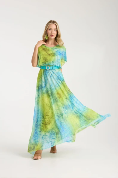 MAVİ YEŞİL NEON DESENLİ TAŞLI ASTARLI UZUN ELBİSE - Resim 7