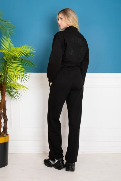 EŞOFMAN TAKIMI ALT ÜST SİYAH CROP ÜST BORU PAÇA ALT - Resim 2