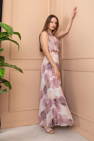 Pudra Pembe Ve Mor Desenli Beyaz Plise Elbise - Resim 8