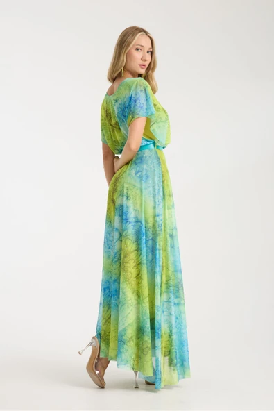 MAVİ YEŞİL NEON DESENLİ TAŞLI ASTARLI UZUN ELBİSE - Resim 6