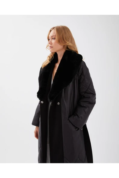 Siyah Kürk Yakali Kapitone Desenli Yünlü Kaşe Ve Puffer Manto - Resim 3