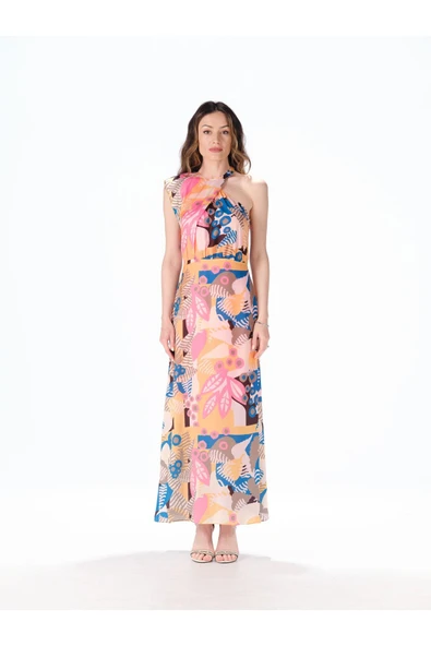 DESENLİ RENKLİ UZUN FARKLI OMUZ DETAYLI ELBİSE - Resim 6