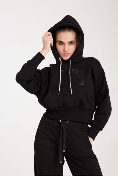 KAPİŞONLU EŞOFMAN TAKIMI ALT ÜST SİYAH LASTİKLİ PAÇA - Resim 4