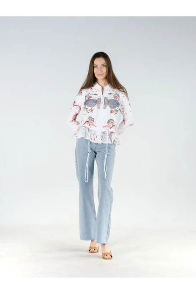 Nakış Işlemeli Beyaz Spor Mont Belden Kuşaklı - Resim 8