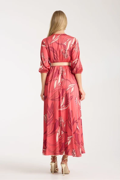 KIRMIZI RENK KARIŞIK DESENLİ SATEN KUMAŞ İÇİ ASTARLI ELBİSE - Resim 5