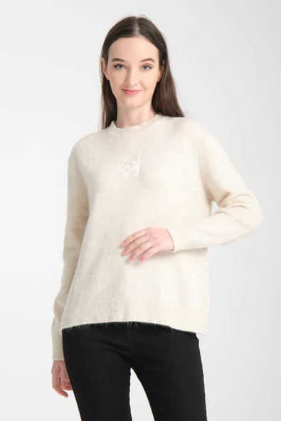 YÜN KAZAK EKRU RENK ÖNÜ NAKIŞ İŞLEMELİ - Resim 8