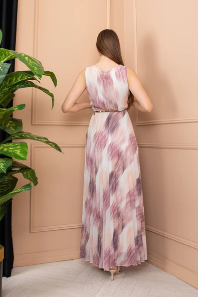 Pudra Pembe Ve Mor Desenli Beyaz Plise Elbise - Resim 4