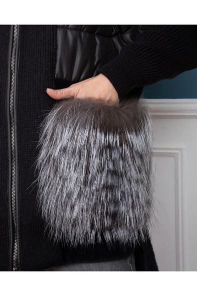 Siyah Kürklü Kaban Yarı Yün Yarı Puffer Alpaka - Resim 3