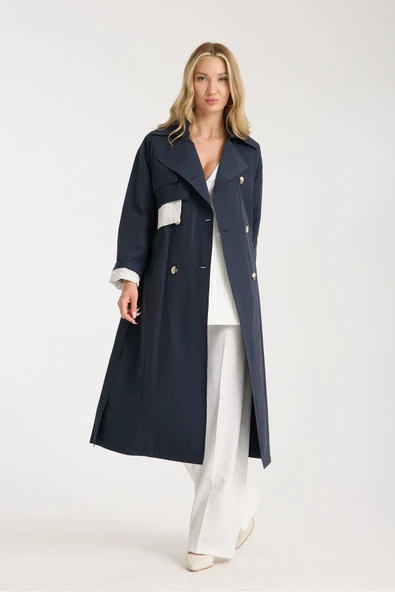 TRENCKOT LACİVERT ARKADA RÜZGARLIK DETAYLI ÇİZGİLİ ASTAR - 2