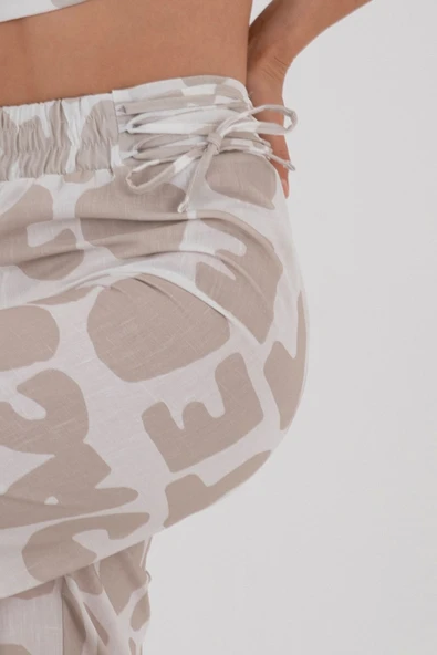 BEJ DESENLİ CROP TOP VE PANTALON TAKIM YAZLIK - Resim 5