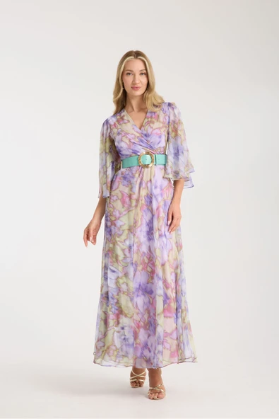 LİLA RENK KARIŞIK RENK VE DESENLİ ŞİFON İÇİ ASTARLI ELBİSE ürün görseli 1