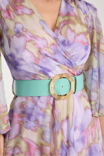 LİLA RENK KARIŞIK RENK VE DESENLİ ŞİFON İÇİ ASTARLI ELBİSE - Resim 4