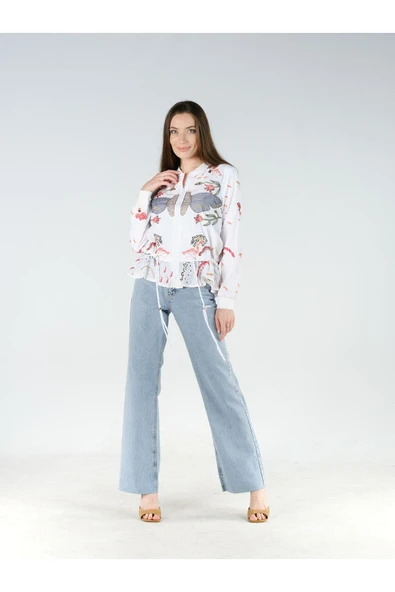 Nakış Işlemeli Beyaz Spor Mont Belden Kuşaklı - Resim 7