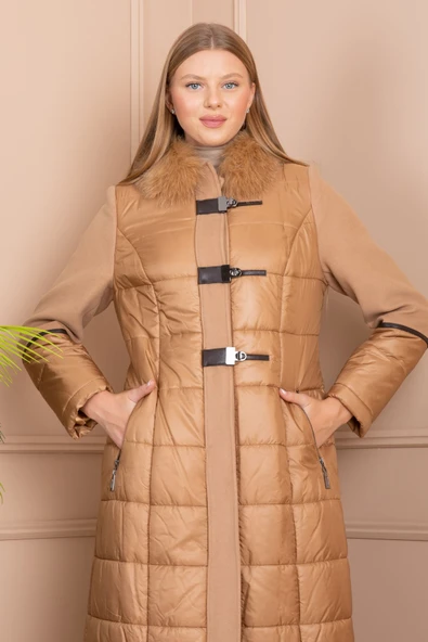 TABA POFUDUK VE KAŞE KÜRK YAKALI UZUN GİZLİ DÜĞMELİ MANTO - 4