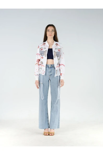 Nakış Işlemeli Beyaz Spor Mont Belden Kuşaklı - Resim 4