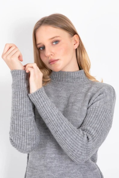 GRİ RENK YARIM BALIKÇI YANDAN DİKİŞLİ DUBLE KOL KAZAK - Resim 3