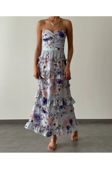 MAVİ STRAPLEZ FIRFIRLI UZUN ELBİSE ürün görseli 1