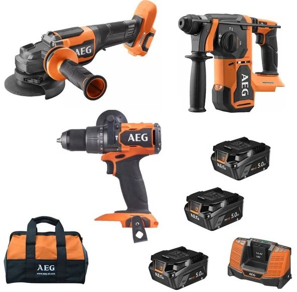 Aeg JP18AA3-503B 18V Akülü 3 Lü Set Kırıcı Delici - Taşlama - Vidalama 3X 5Ah Akülü