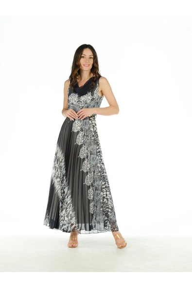 Siyah Beyaz Pilise Elbise - Resim 3