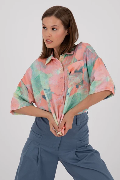 FIRÇA DESEN ÇOK RENKLİ PAMUKLU FLOŞ GÖMLEK - Resim 8