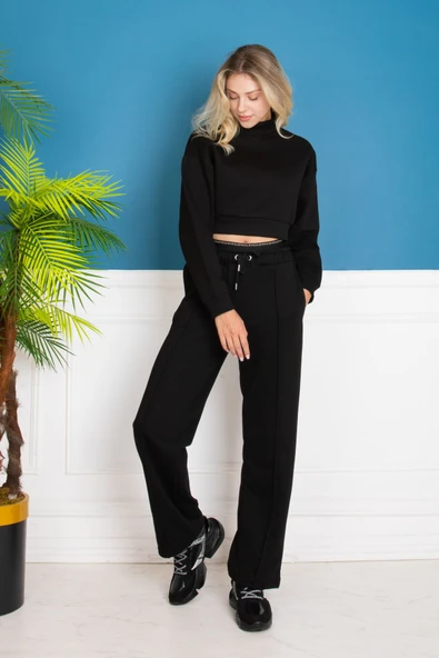 EŞOFMAN TAKIMI ALT ÜST SİYAH CROP ÜST BORU PAÇA ALT - Resim 4