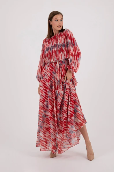 KIRMIZI RENKLİ LACİVERT DESENLİ KLOŞ ELBİSE  KARIŞIK DESENLİ UZUN KOLLU ÜSTÜ PLİSE - Resim 4