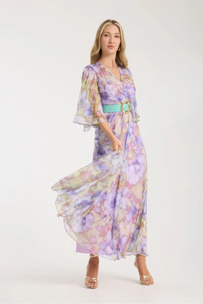 LİLA RENK KARIŞIK RENK VE DESENLİ ŞİFON İÇİ ASTARLI ELBİSE - Resim 6