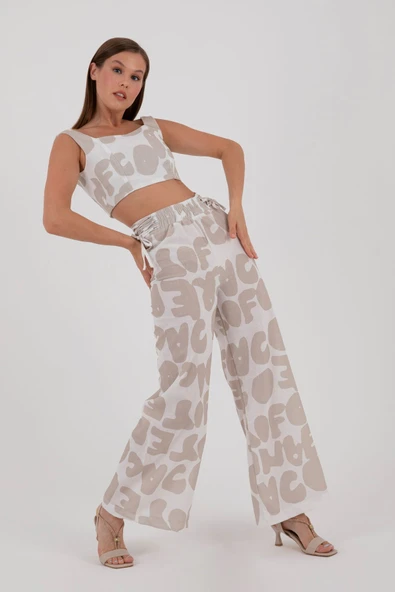 BEJ DESENLİ CROP TOP VE PANTALON TAKIM YAZLIK ürün görseli 1