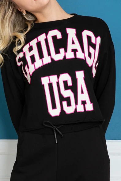 EŞOFMAN TAKIMI ALT ÜST SİYAH ÜST PARCA BASKILI YAKASI ESKİTİLMİŞ BELİ DİKİŞSİZ ALT PARÇA KARGO CEPLİ - Resim 8