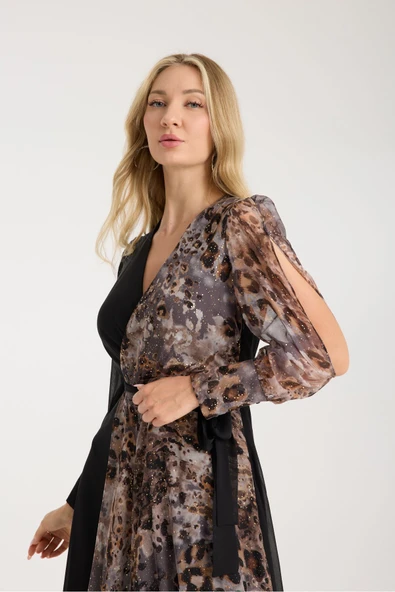 SİYAH LEOPAR DESENLİ VARAK BASKILI ŞİFON ELBİSE İÇİ ASTARLI - Resim 2