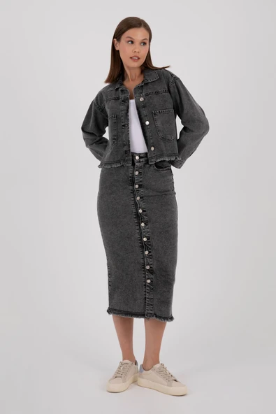 KOT CEKET KOYU GRİ ÖNDEN DÜĞMELİ ALT TARAFTA KESİK KENAR DETAYI - Resim 4