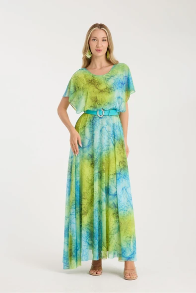 MAVİ YEŞİL NEON DESENLİ TAŞLI ASTARLI UZUN ELBİSE ürün görseli 1