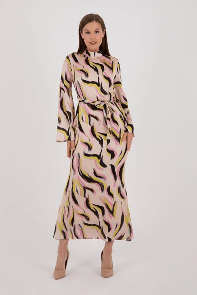 BEJ ELBİSE PEMBE SARI SİYAH RENKLERDE KARIŞIK DESENLİ UZUN KOLLU BELDEN KUŞAKLI - Resim 8