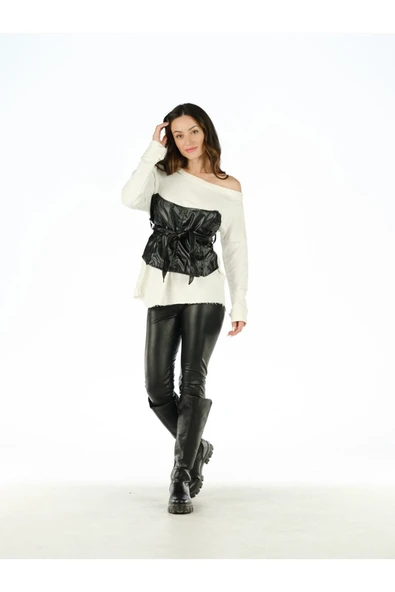 Kırık Beyaz Ön Kısım Suni Deri Detaylı Sweatshırt - Resim 3