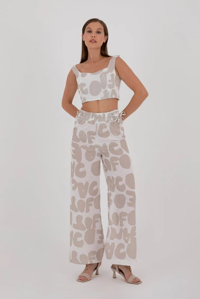 BEJ DESENLİ CROP TOP VE PANTALON TAKIM YAZLIK - Resim 4