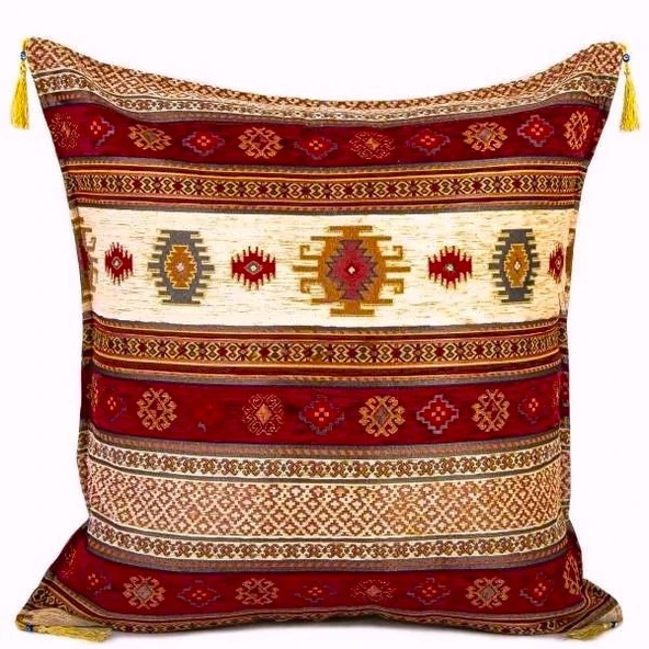 Kilim Desen (70cmx70cm) Şönil Kumaş Püsküllü Kare Ev Bahçe Minder Kılıfı NO11