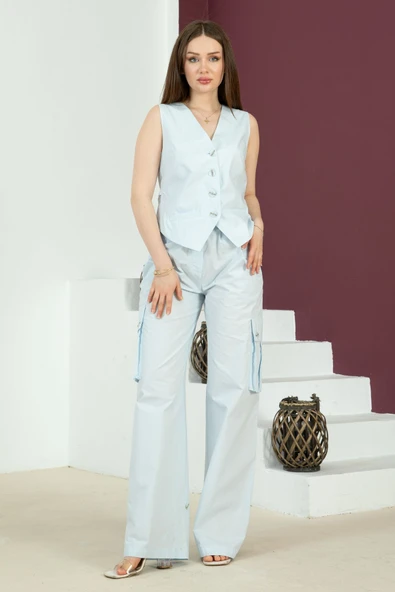 BEBE MAVİ YELEK VE KARGO PANTOLON TAKIM - Resim 7