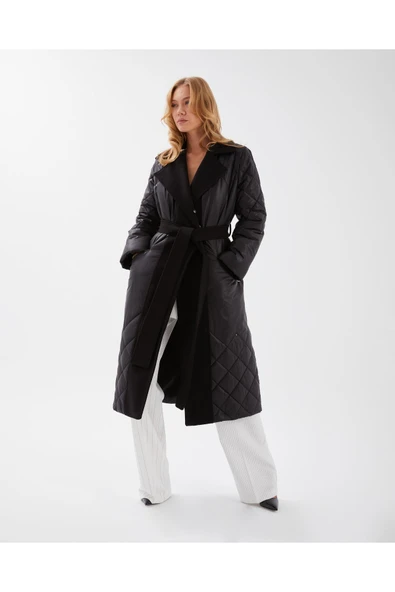 Siyah Kürk Yakali Kapitone Desenli Yünlü Kaşe Ve Puffer Manto - Resim 6