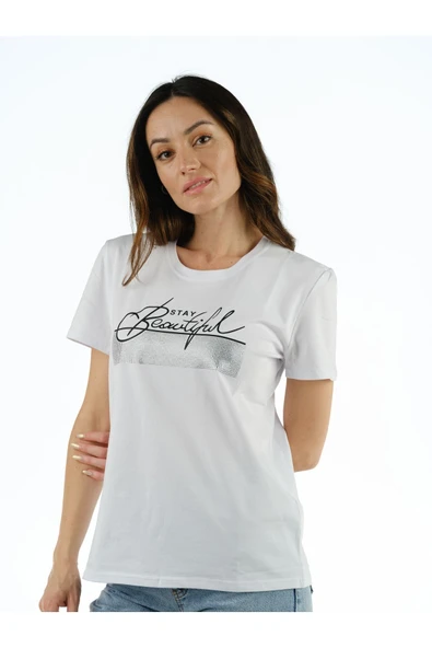 Beyaz Baskılı Krıstal Taşlı T Shirt - Resim 6