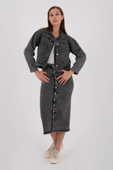 KOT CEKET KOYU GRİ ÖNDEN DÜĞMELİ ALT TARAFTA KESİK KENAR DETAYI - Resim 5