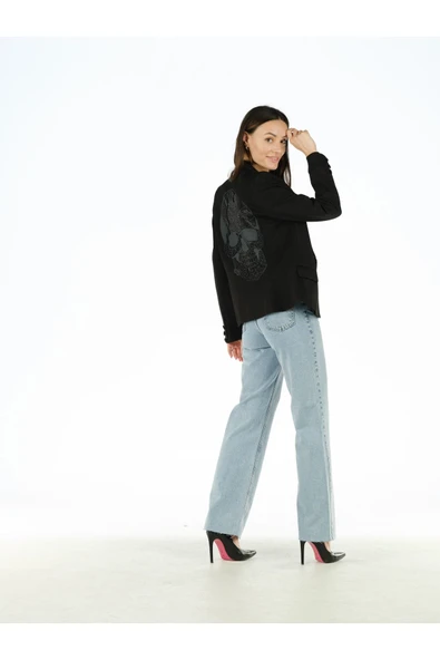 Siyah Arkası Taş İşlemeli Blazer Ceket - Resim 5