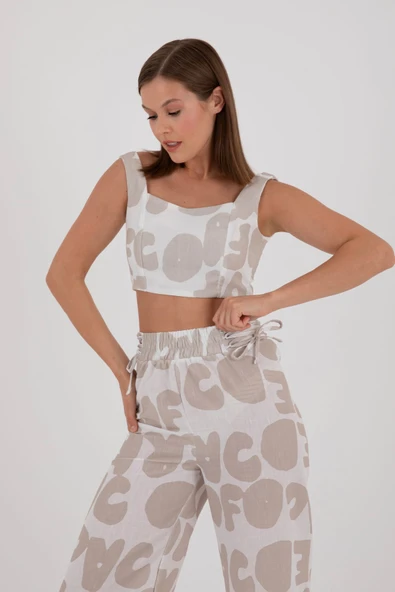 BEJ DESENLİ CROP TOP VE PANTALON TAKIM YAZLIK - Resim 7