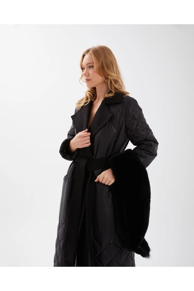 Siyah Kürk Yakali Kapitone Desenli Yünlü Kaşe Ve Puffer Manto - Resim 5