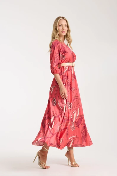 KIRMIZI RENK KARIŞIK DESENLİ SATEN KUMAŞ İÇİ ASTARLI ELBİSE - Resim 7